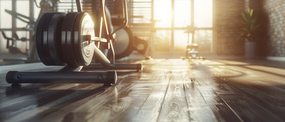 A gym equipment on the floor. A sport background with an empty area in the foreground. - obrazy, fototapety, plakaty