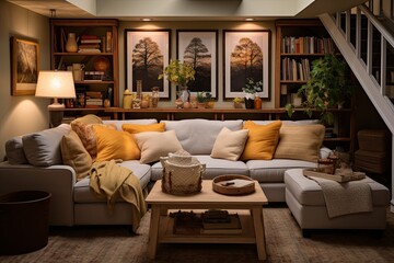 Small Cozy Basement Living Room Ideas: Maximized Space, Comfortable Furnishings, Warm Decor - obrazy, fototapety, plakaty