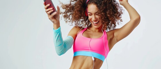 Curly brunette fitness woman dancing to music on her smartphone on white background