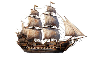 A detailed wooden model of a sailing ship delicately crafted and placed on a crisp white background