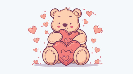 Cartoon teddy bear hugging bunch of heart Flat vector