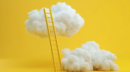 Isolated on yellow background, a 3D render of ladders at the bottom of white clouds