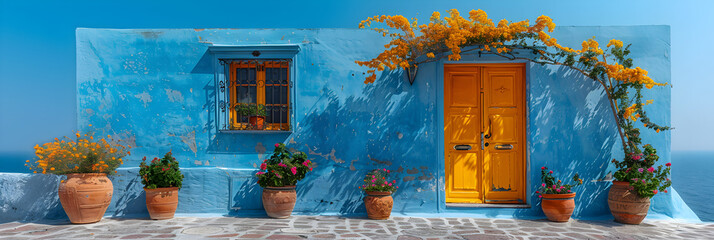  Typical buildings in Oia, Santorin,
Street in Chefchaouen Morocco - obrazy, fototapety, plakaty