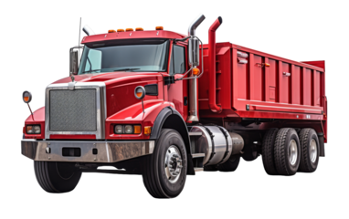 A vibrant red dump truck stands boldly on a stark white backdrop