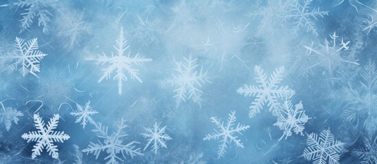 Snow flakes are scattered on a blue background with a white border, creating a serene and wintry scene