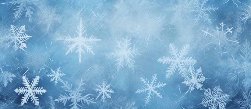 Snow flakes are scattered on a blue background with a white border, creating a serene and wintry scene