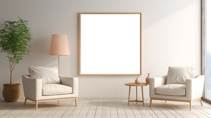 Empty picture frame hanging on walls, minimalist space, 3D rendering large bright light beige living room, small chairs , white curtains. For Design, Background, Cover, Poster, Banner, PPT, KV design,