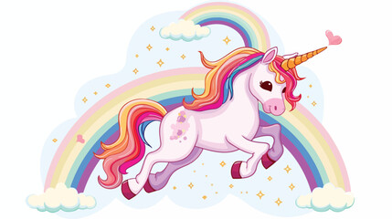Cartoon unicorn sliding on a rainbow Flat vector 