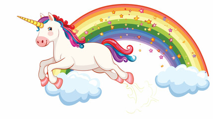 Cartoon unicorn sliding on a rainbow Flat vector 