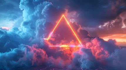 Fototapeten Clouds and neon triangle shape in a night sky in 3D. Stormy cumulus with glowing geometric frame. © Mark