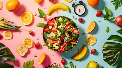 Studio Photography Tranquil Overhead Perspective of a Nutritious Salad Bowl Brimming with Fresh Vegetables and Fruits generative ai