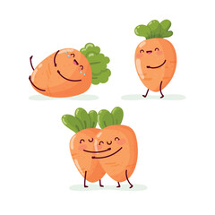 Set of funny carrot that laugh, walk and hug