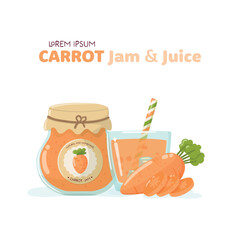 Healthy food banner with a jam jar, carrot, slices and glass with ices - 774732541