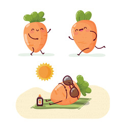 Set of funny carrots that walk, run and sunbathe