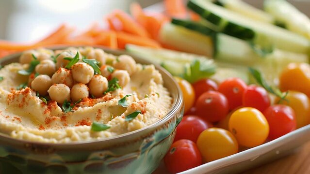 Organic hummus and vegetable crudit&Atilde;&copy;s for a light and healthy snack.