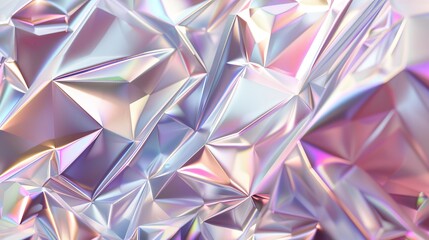Abstract shiny silver polygonal faceted background, crystal structure, crumpled holographic metallic foil texture, iridescent crystallized wallpaper, chrome, pastel color scheme