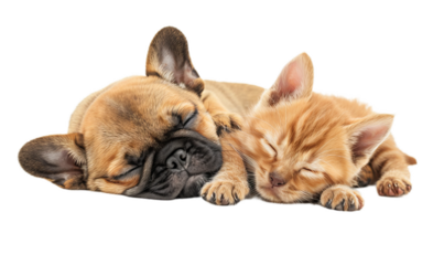 A small cute dog sleeping with cutie cat.