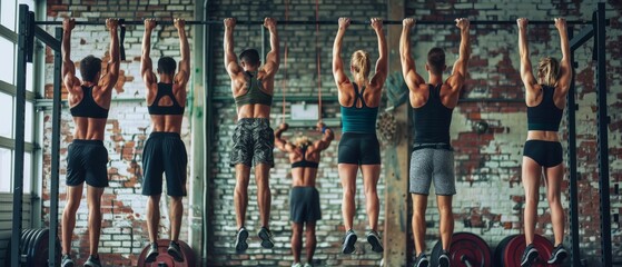 A group of six attractive young males and females doing pull-ups on bar in a bricked gym with black mats and brick walls - obrazy, fototapety, plakaty