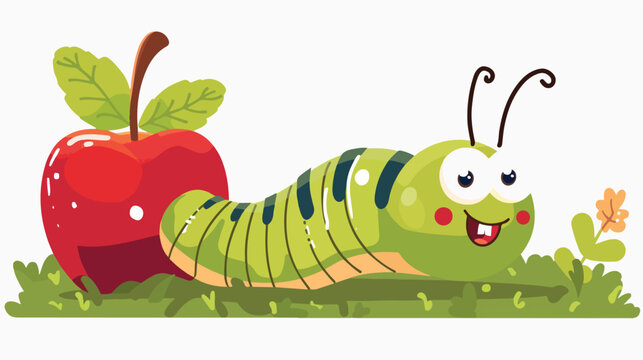 Cartoon worm with red apple Flat vector isolated on w
