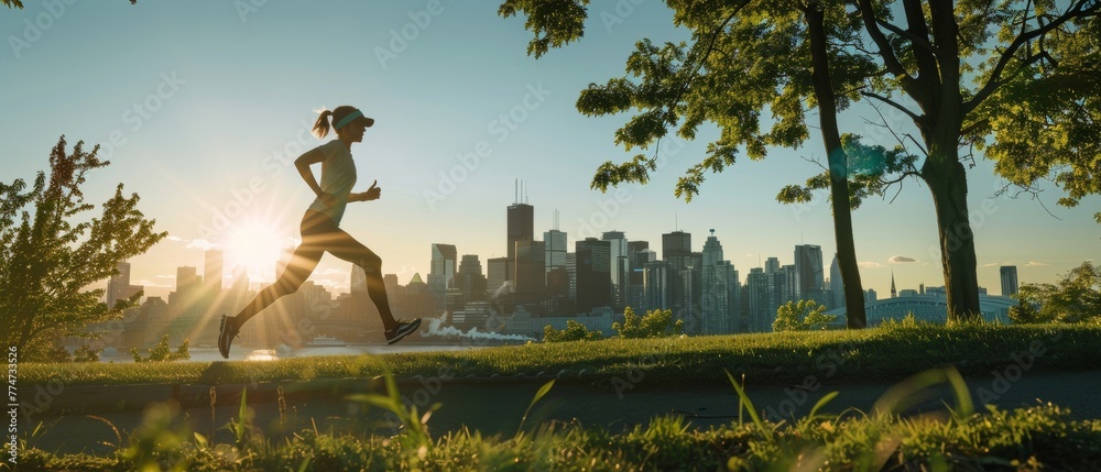 Poster running in the park. a woman jogs outside while the montreal skyline is visible in the background