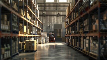 Big warehouse with high shelves and forklift in the background,