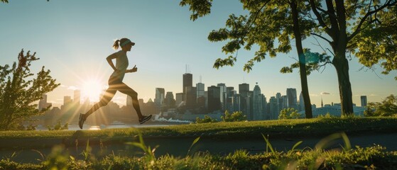 Running in the park. A woman jogs outside while the Montreal skyline is visible in the background - obrazy, fototapety, plakaty
