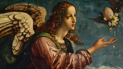 Confident Renaissance Angel Ushers in Spring Amidst Storm and Easter Egg on Canvas  generative ai - obrazy, fototapety, plakaty