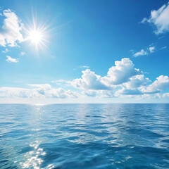bright blue sky with sun over the ocean water