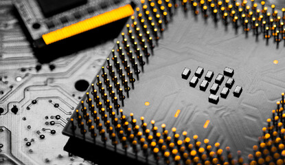 Close up of RAM Memory and pins on Main CPU PC processor circuit