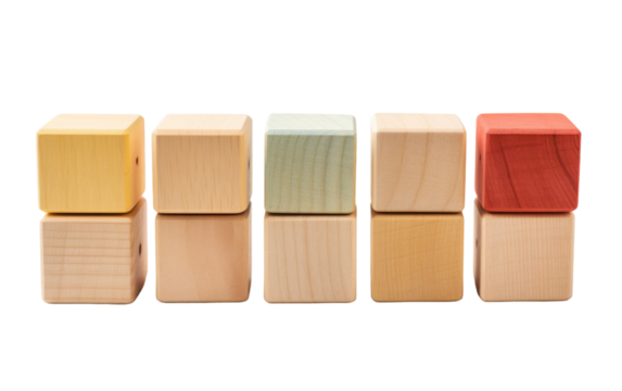 A close-knit grouping of various wooden blocks arranged side by side in a harmonious display