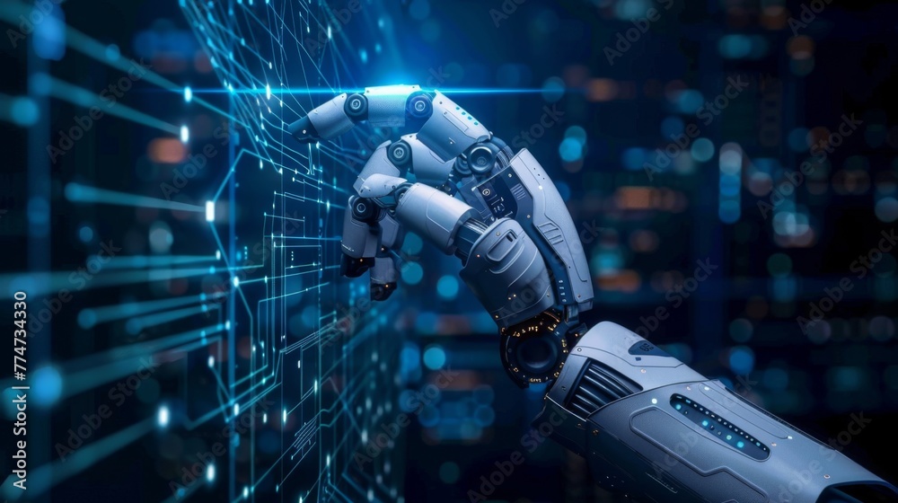 Poster futuristic robotic hand interacting with virtual interface