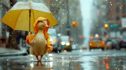 Envision a chic cityscape where a sophisticated duckling dons stylish rain gear for an urban puddle adventure