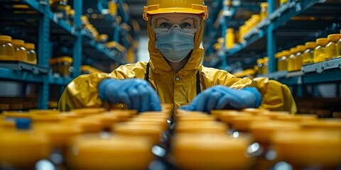 Lab technician disposing hazardous genetic materials following ethical waste management protocols. Concept Laboratory waste disposal, Hazardous materials, Genetic waste management, Ethical protocols