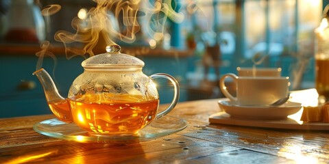 Steaming glass teapot with herbal tea on a wooden table.