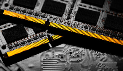 Macro Close up of computer RAM chip and motherboard.