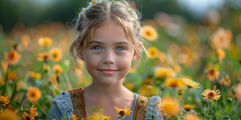 A young girl radiates happiness in a sunlit flower field in summer.