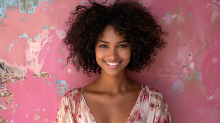 Portrait of a smiling young woman with curly hair against a textured pink background.