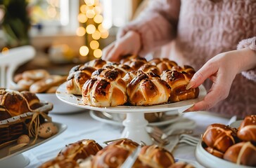 food photography of hot cross buns on white table, easter decorations and hand holding an egg in the background,