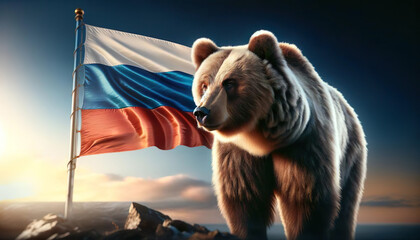 A formidable brown bear stands before the flowing Russian flag, symbolizing the nation's strength and spirit