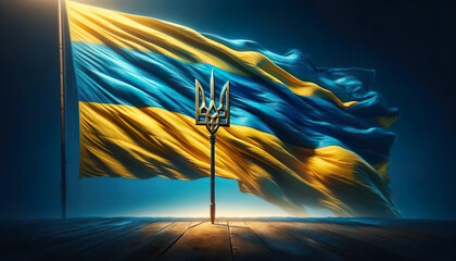 The emblematic trident stands proudly before a billowing Ukrainian flag, a symbol of steadfast spirit and unity