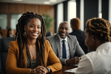 A woman with dreadlocks is smiling at a man in a suit