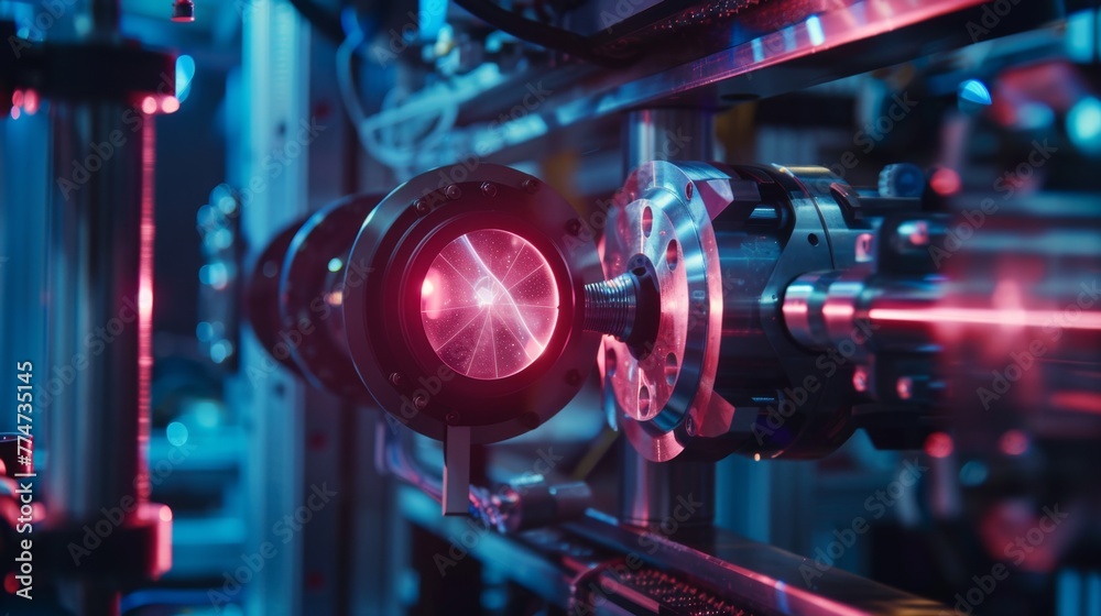 Poster close up of machine with red light
