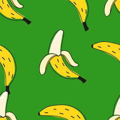 Bananas seamless pattern. Vector illustration. Yellow bananas on a green background infinity tile