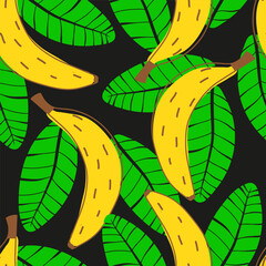 Bananas seamless pattern. Vector illustration. Yellow bananas on a black dark background infinity tile