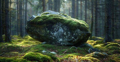 A Rocky Path in the Forest A Mossy Boulder in the Shade Generative AI - obrazy, fototapety, plakaty