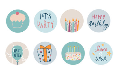 Set of three Birthday favor tags vector design with illustrations and text. Happy Birthday gift printable circle cards or labels in pastel flat style. Party design as a trendy doodle illustration.