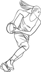 running basketball player girl, isolated hand drawn outline illustration in comic style. Coloring book page	