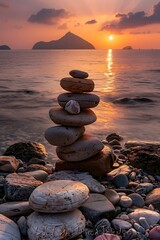 A stack of rocks on the beach at sunrise with an island in the background