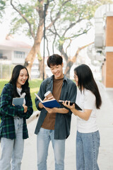 Young Asian college students and a female student group work at the campus park