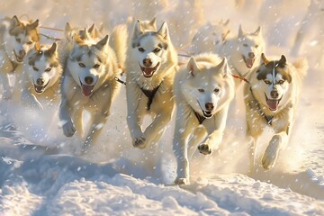 Witness the exhilarating sight of a team of Siberian Huskies mid-run